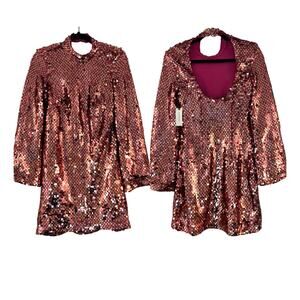 Anthropologie Maeve Long-Sleeve Mock-Neck Sequin Mini Dress Pink XS NWT